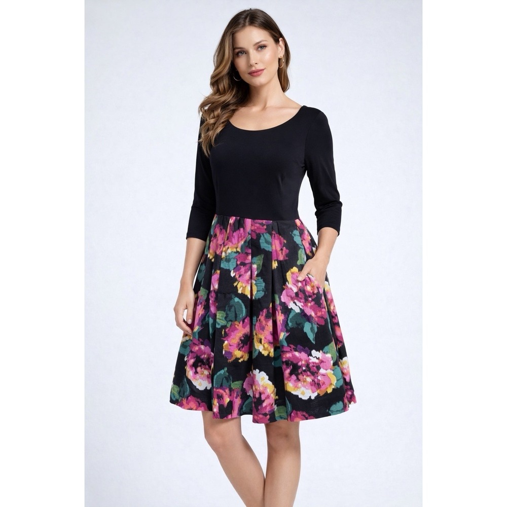 Eliza J Dress‎ Womens 16W Black Floral  Midi Formal Event Spring Party